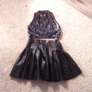 Sequins top Leather skirt